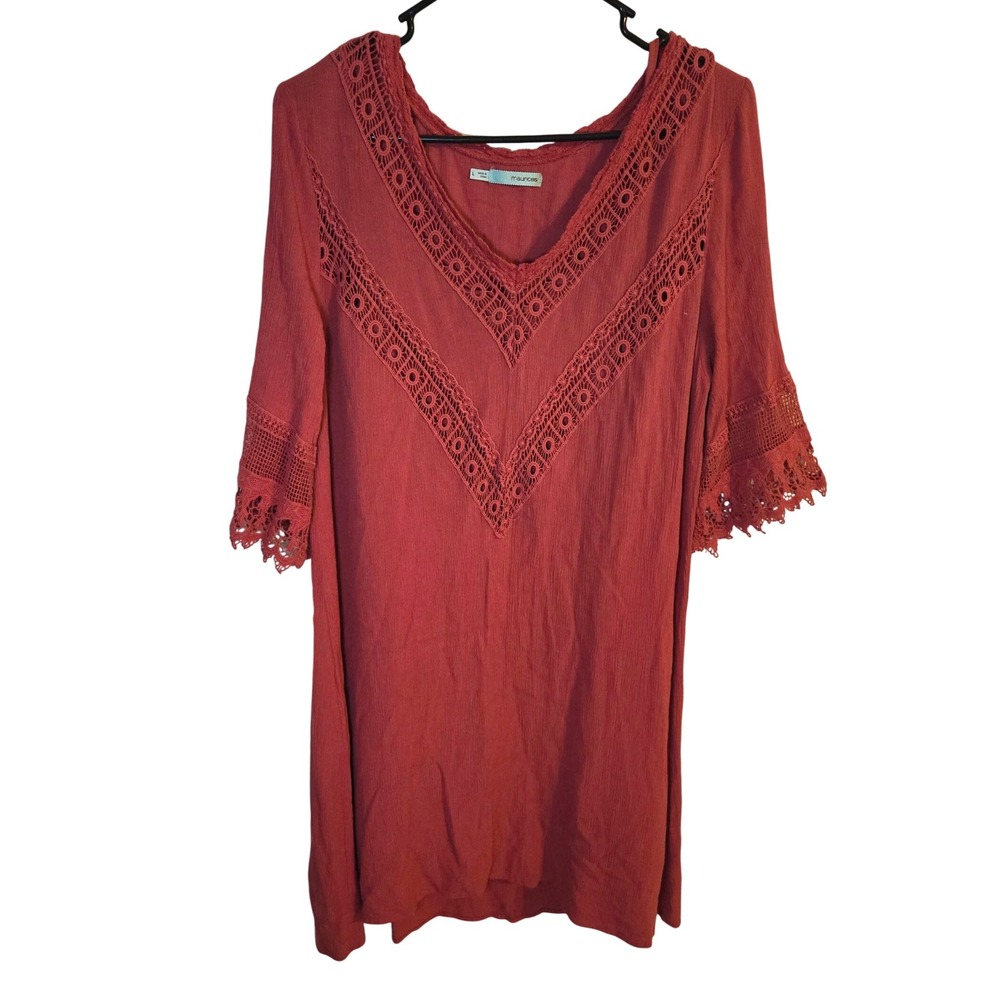 Maurices Womens Dress Size‎ L Burnt Orange Crochet V Neck 3/4 Sleeve Casual Mini